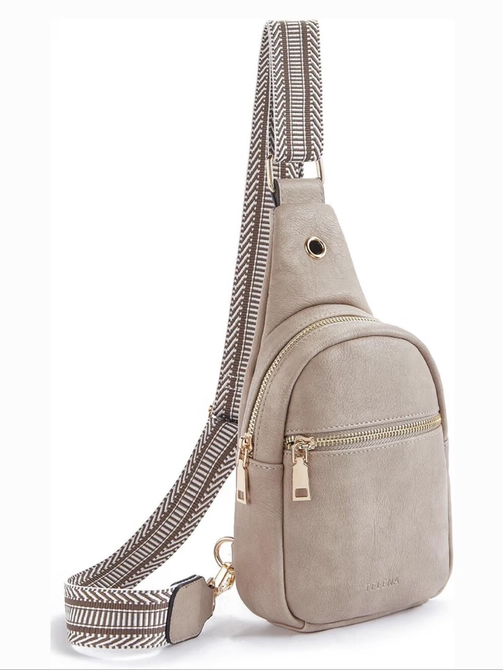 Reversible Grey Tan Crossbody Sling Bag with Vintage Inspired Patterned Strap